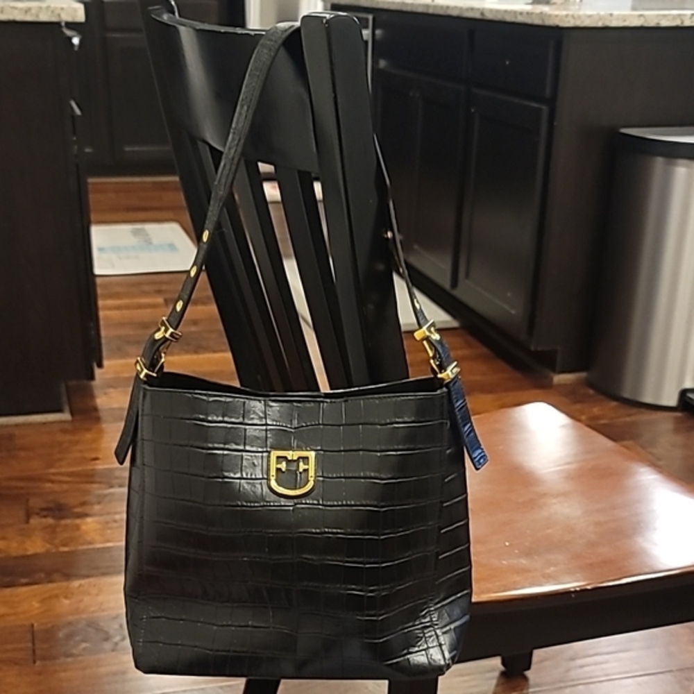 Furla Black Leather Crocodile Embossed Handbag